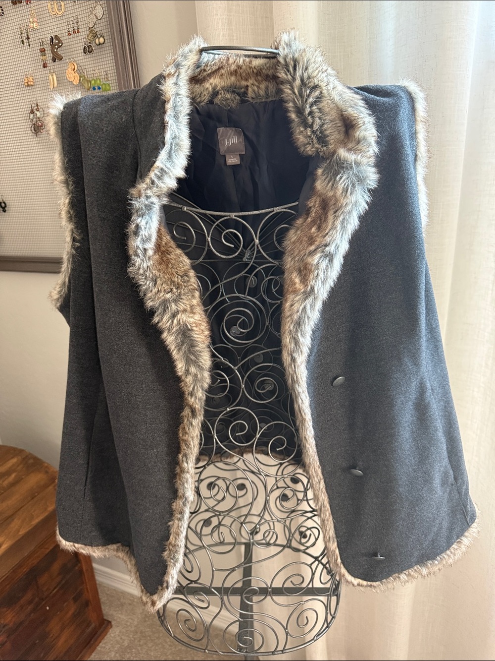 J. Jill Charcoal Gray Vest with Faux Fur Trim - Picture 2 of 4